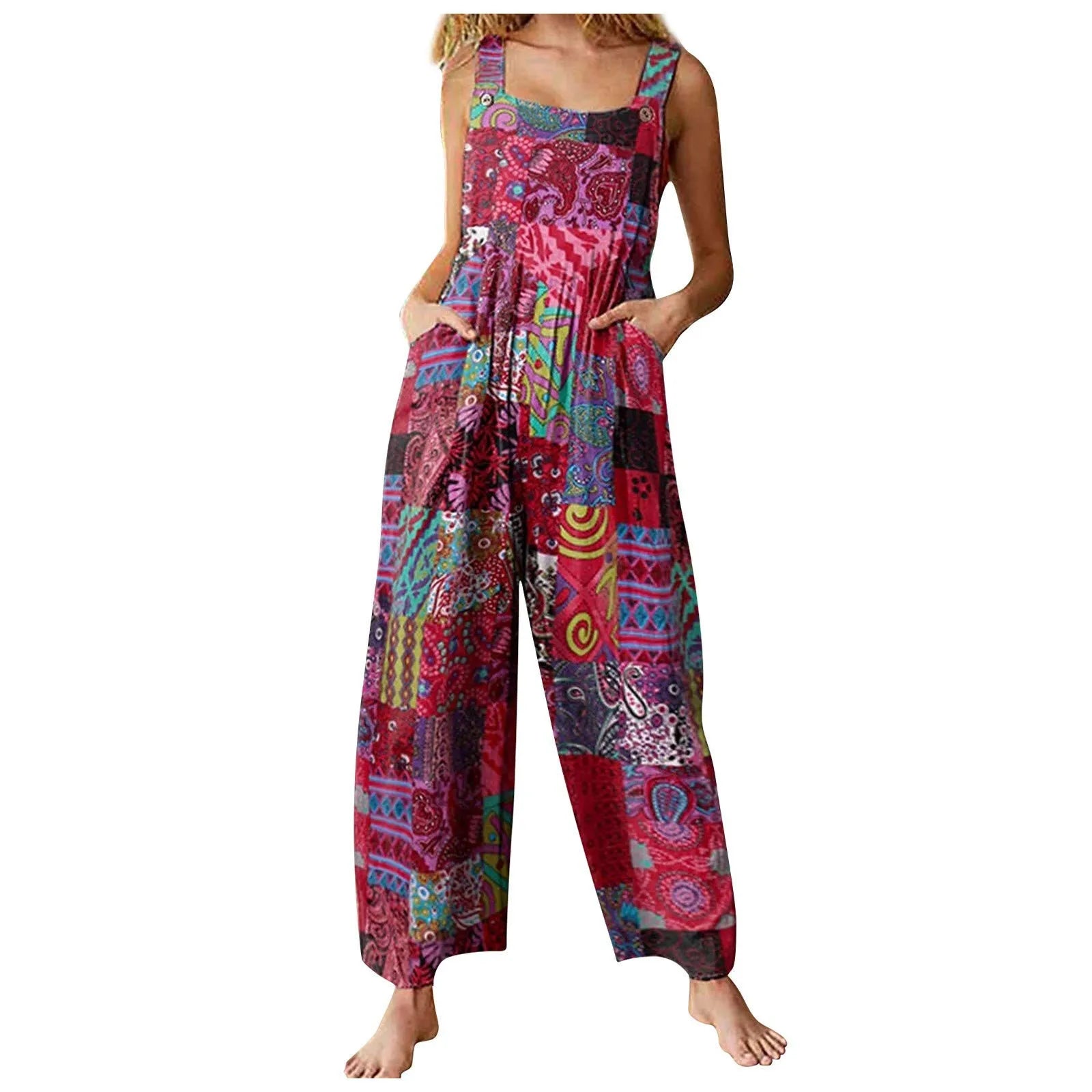 Ethnic Style Patchwork Floral Printed Retro Jumpsuit With Button And Pocket Fashion Colorful Adjustable Strap Pants-Dollar Bargains Online Shopping Australia