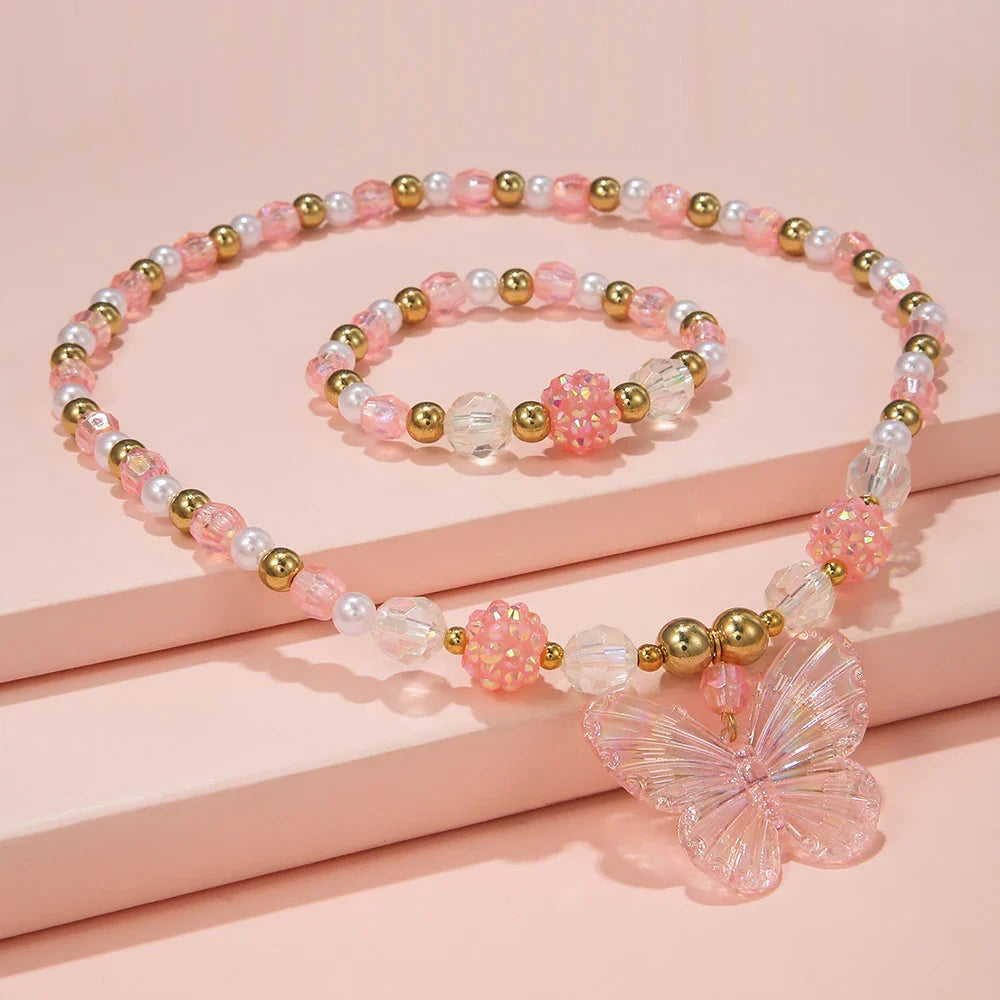 2Pcs/set Pink Butterfly Charm Necklace Bracelet Princess Girl Jewelry Set for Daughter Niece Children Best Party Birthday Gifts-Dollar Bargains Online Shopping Australia