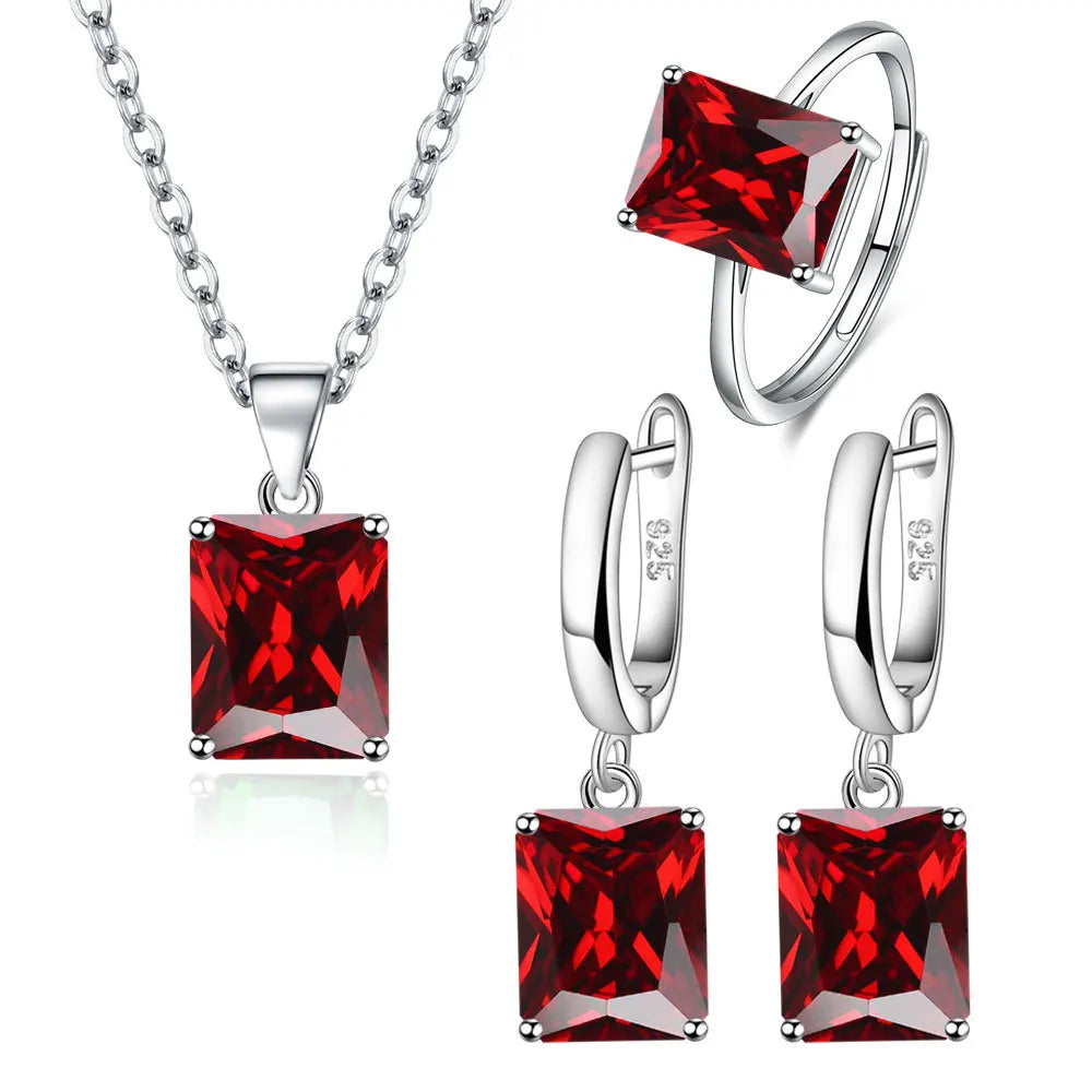 925 Sterling Silver Ring Earrings Necklace For Women Rectangle Geometry Zircon Wedding Elegant Jewelry Sets-Dollar Bargains Online Shopping Australia