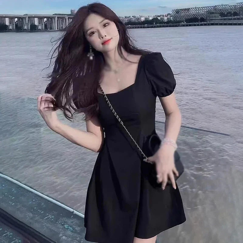 Women Puff Short Sleeve Slim Dress Fashion Korean Versatile Dress Vintage Square Neck Party Cloth Female Sexy Sweet Dress-Dollar Bargains Online Shopping Australia