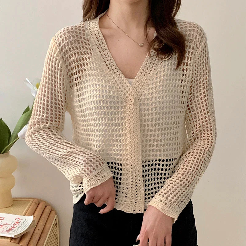 Women New Versatile Hollow Out Cardigan Summer V-neck Loose Sunscreen Shirt Buttons Casual Outer Wear Mesh Lazy Long Sleeved Top-Dollar Bargains Online Shopping Australia