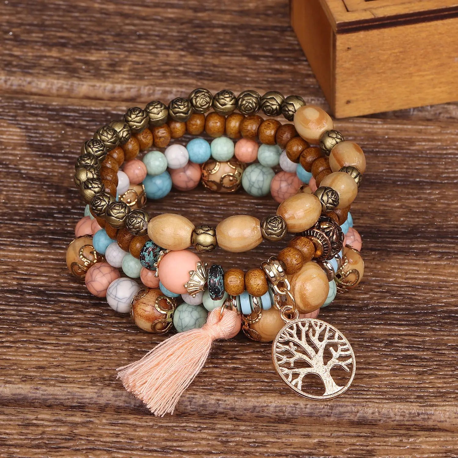 4Pcs/Set Boho Wooden Beaded Bracelet Set For Women Tree Of Life White Tassels Charm Elastic Chain Bangle Lady Bohemia Jewelry-Dollar Bargains Online Shopping Australia