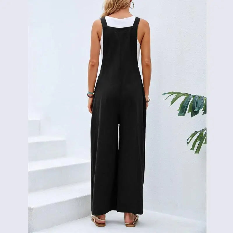 Retro Casual Cotton Suspender Long Pant Pockets Button Wide Leg Strap Jumpsuit Loose Rompers Overalls-Dollar Bargains Online Shopping Australia