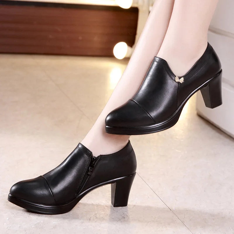 Block Heels Platform Pumps Women Split Leather Shoes High Heels for Thin Feet Office Model Mom-Dollar Bargains Online Shopping Australia