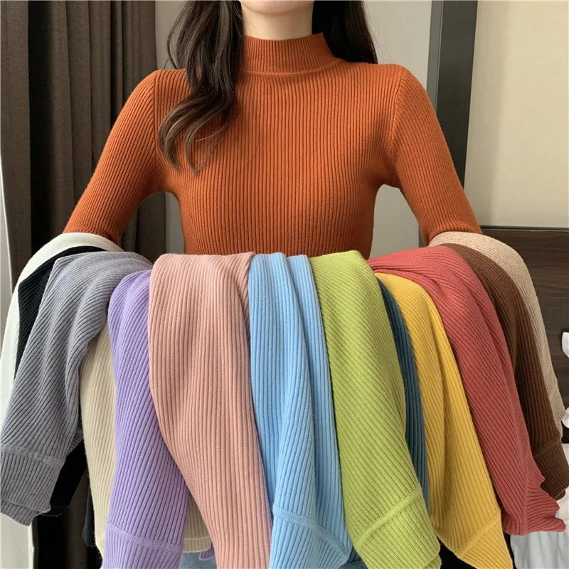 Sweater Top Women Ribbed Soft Mock Neck Elastic Pullover Warm Solid Color Slim Jumper-Dollar Bargains Online Shopping Australia