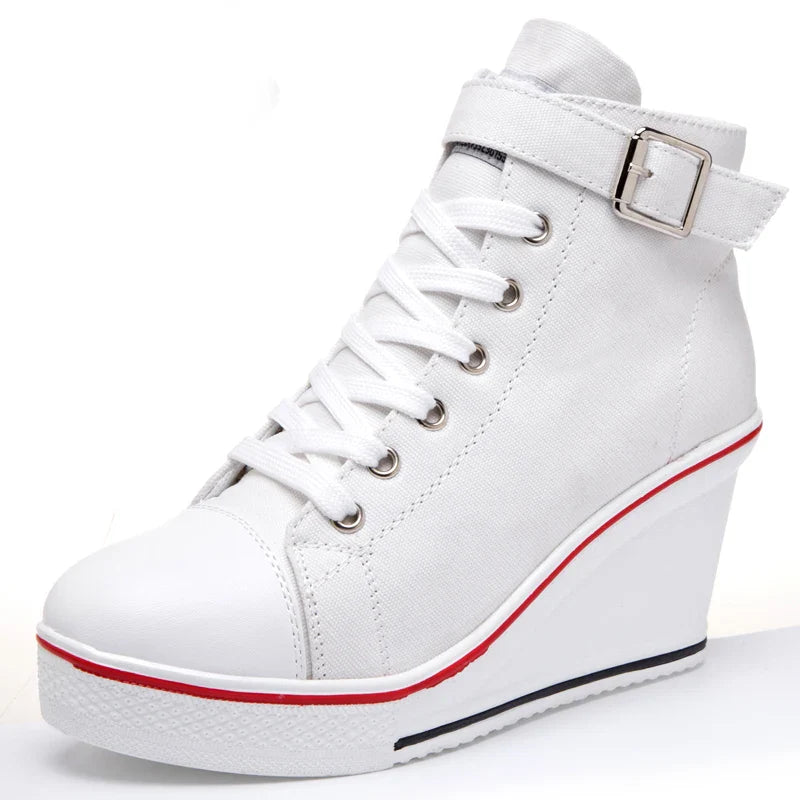 High Top Canvas Women Wedge Shoes Women's Denim Ankle Lace Up Ladies Ankle Canvas Shoes Woman 8cm Heels Sneakers-Dollar Bargains Online Shopping Australia