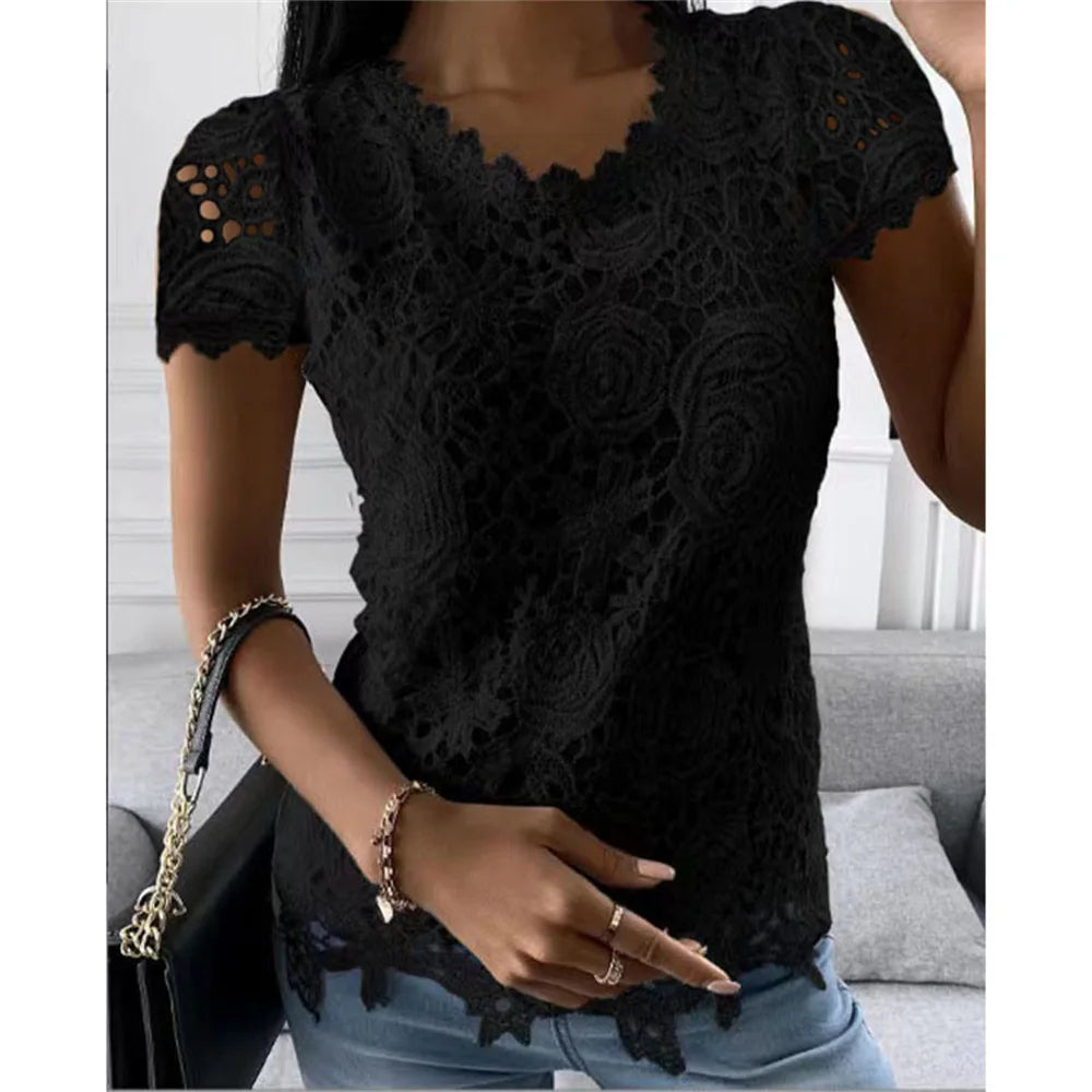 Women Lace Blouse Tops Summer V Neck Short Sleeve Lace Patchwork OL Blouse Shirts-Dollar Bargains Online Shopping Australia