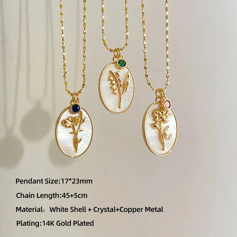 12 Birth Month Flower Birthstone Necklace for Women Charm White Shell Pendant Necklaces Mom Girlfriend Birthday Gift-Dollar Bargains Online Shopping Australia