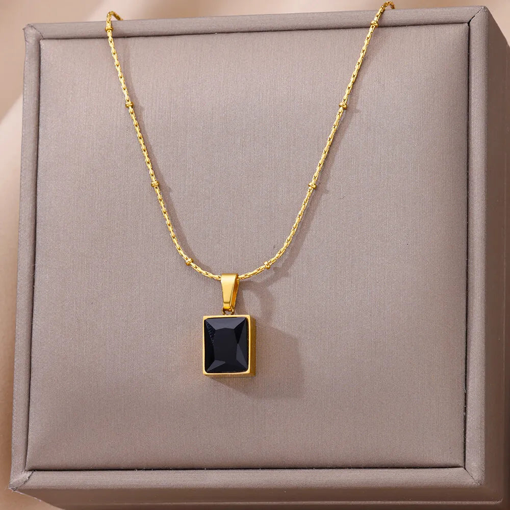 Green Square Zircon Necklace For Women Gold Color Stainless Steel Necklaces Wedding Fashion Jewelry Gift-Dollar Bargains Online Shopping Australia