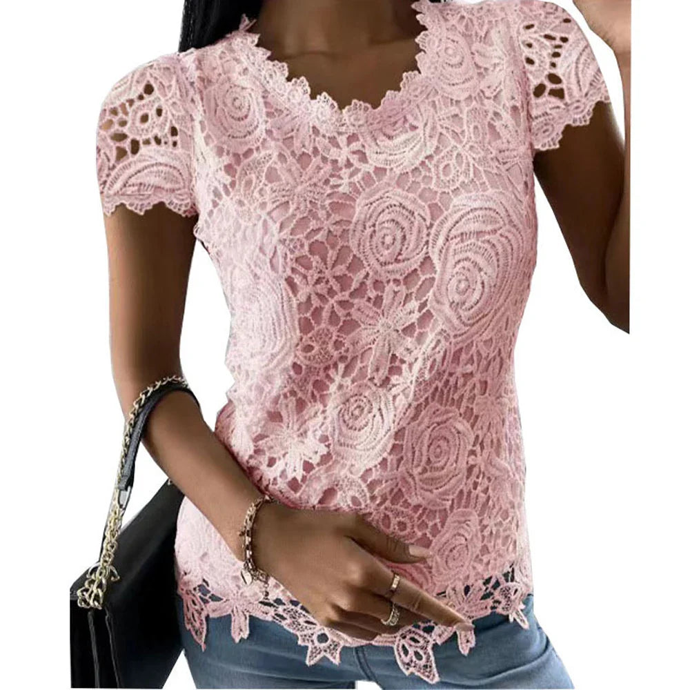 Women Lace Blouse Tops Summer V Neck Short Sleeve Lace Patchwork OL Blouse Shirts-Dollar Bargains Online Shopping Australia