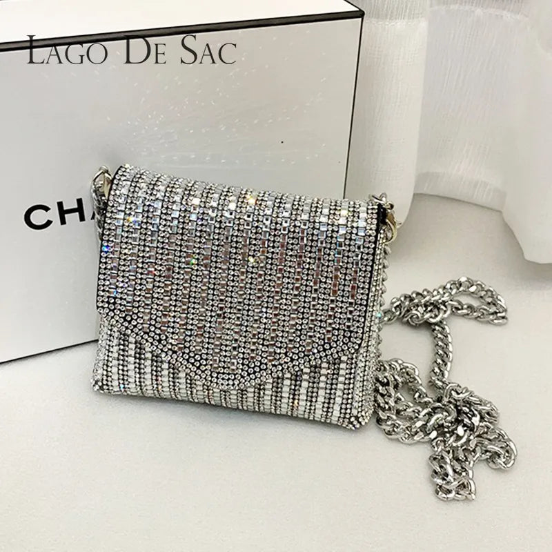 Female Bling Chain Crossbody Bag Ladies Mini Rhinestone Small Envelop Shoulder Purse Full Diamond Messenger Evening Bag