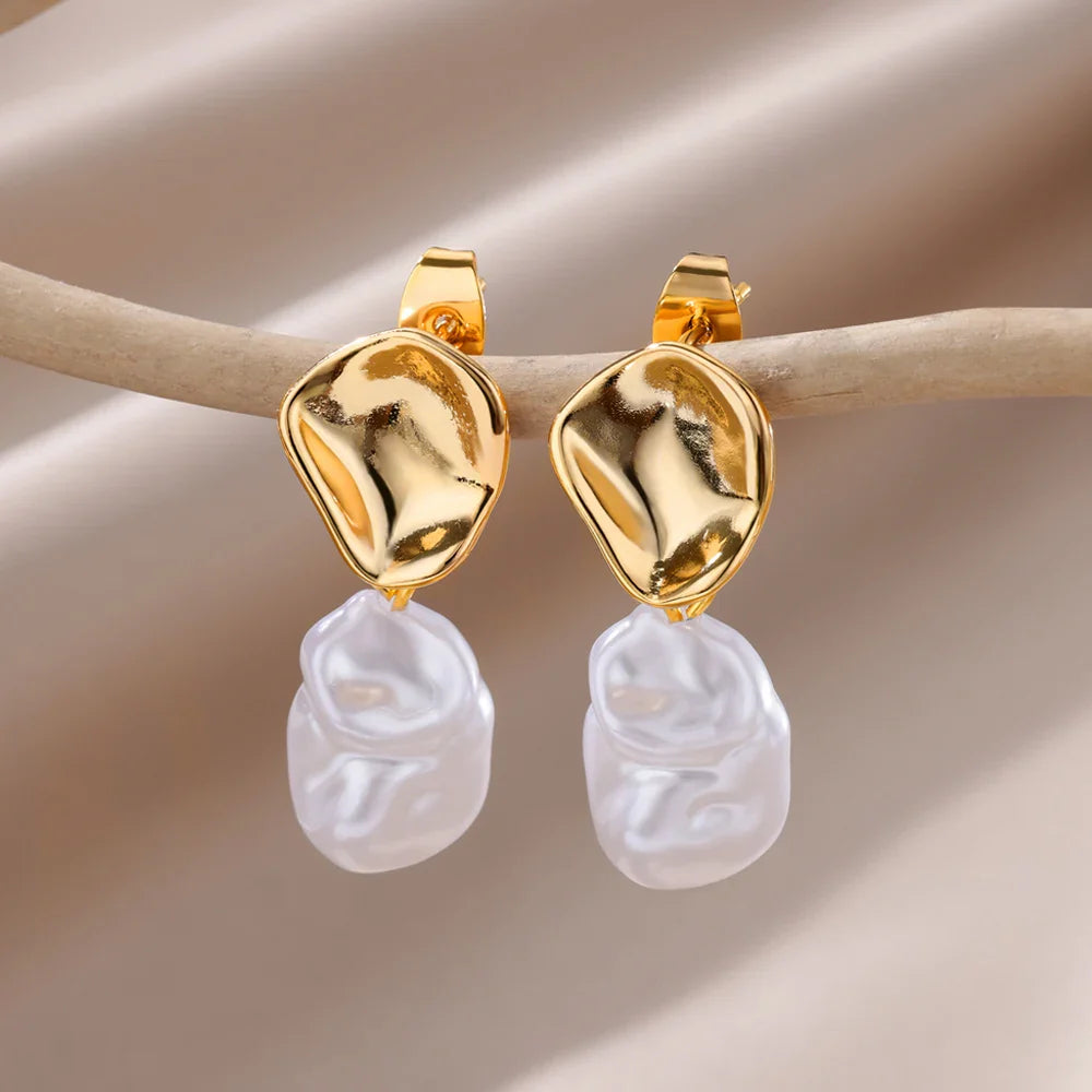 Fashion Circle Imitation Pearl Drop Earrings for Women Gold Color Stainless Steel Round Geometric Hoop Earring Wedding Jewelry-Dollar Bargains Online Shopping Australia