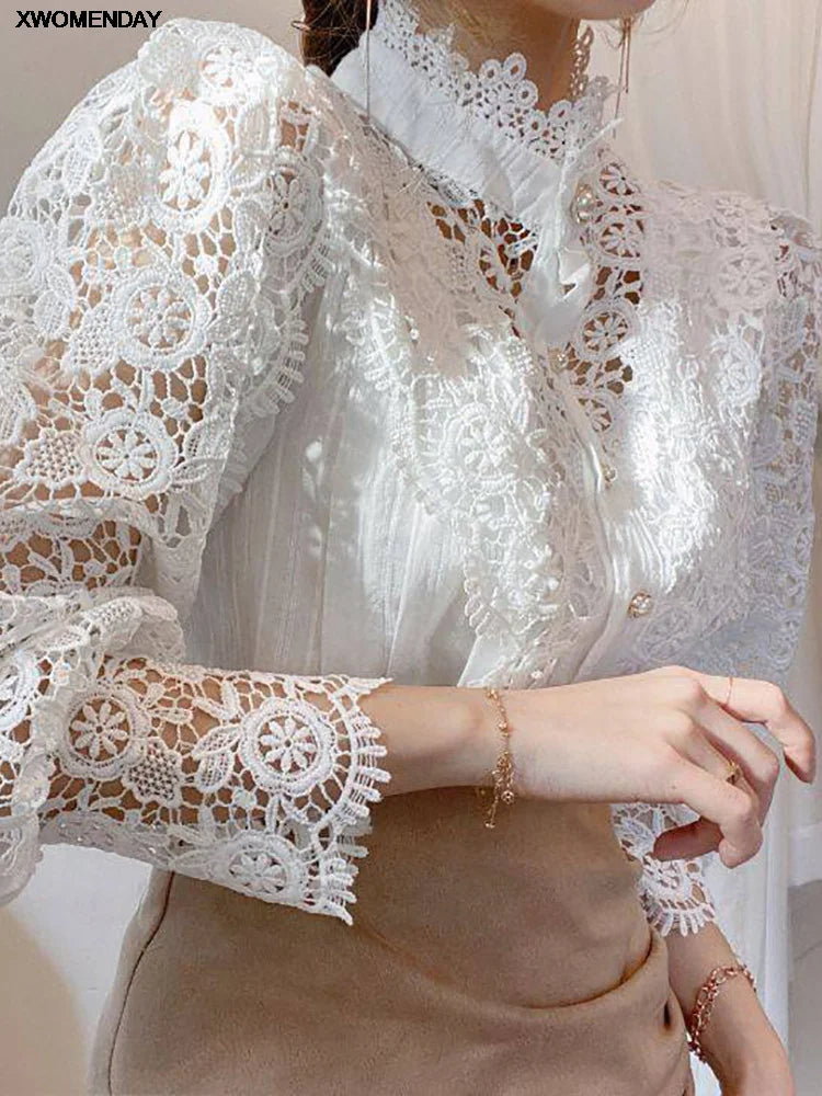 Women Chiffon Button Turtleneck Shirt Chic Elegant Floral Lace Fluffy Long Sleeve Top Fashion Hollow Oversize White Blouse-Dollar Bargains Online Shopping Australia