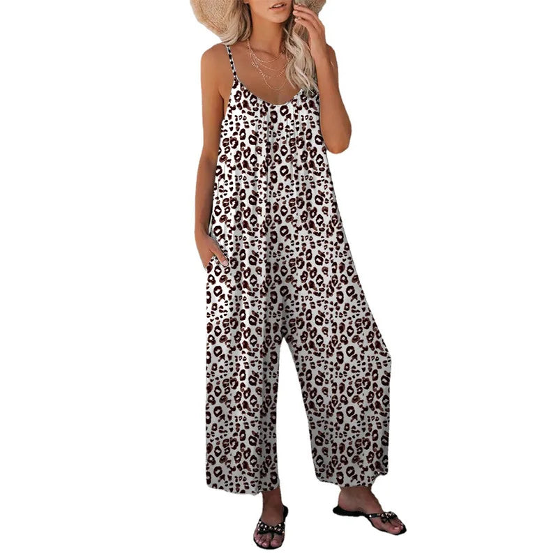 Women's Pants Cross Border Leopard Pattern Pocket Loose Casual Strap Jumpsuit-Dollar Bargains Online Shopping Australia