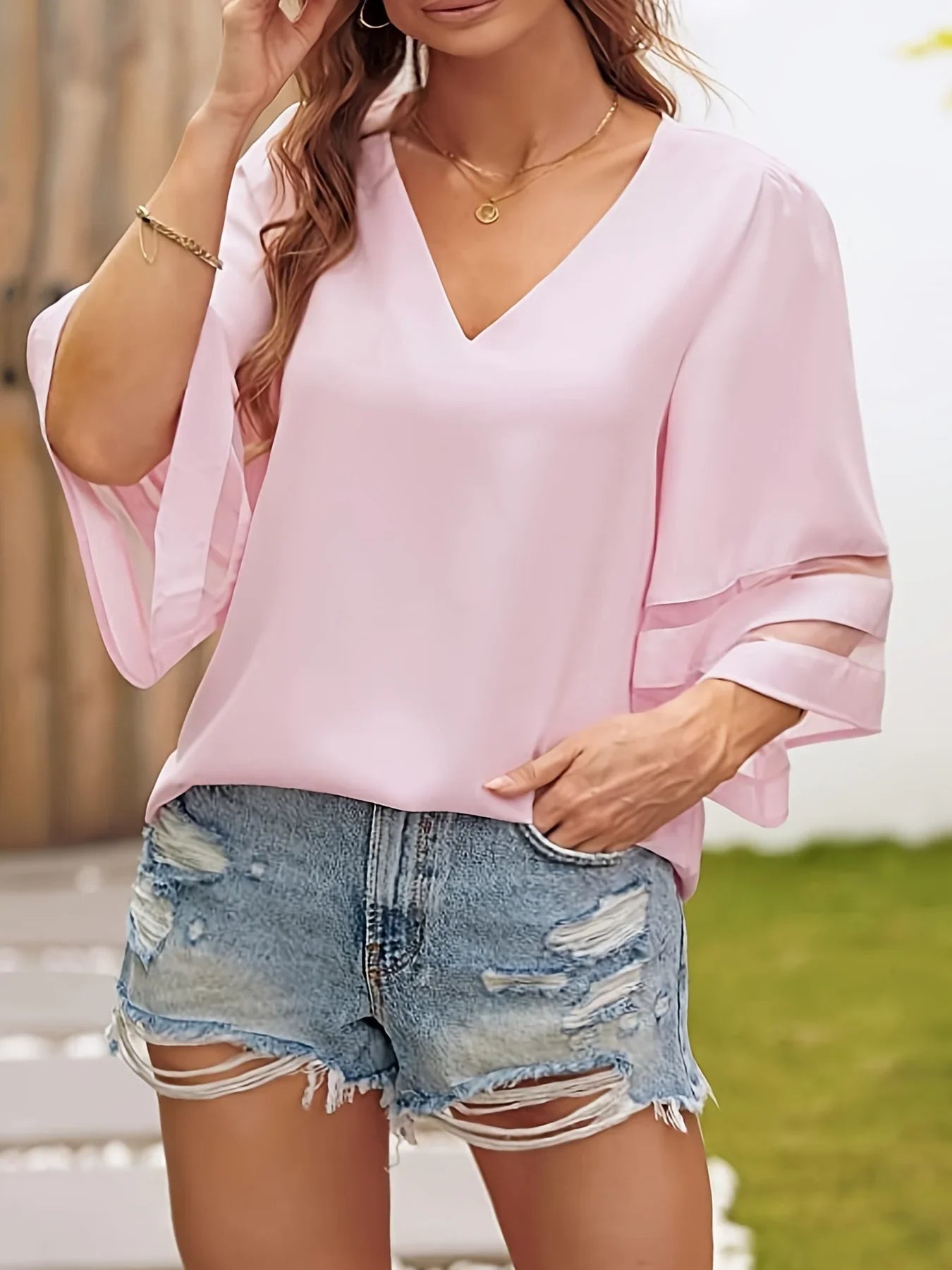 Women Summer Loose V Neck Tops Ladies Mesh Stitching 3/4 Sleeve Casual Holiday Blouse Shirt Female Blusas-Dollar Bargains Online Shopping Australia