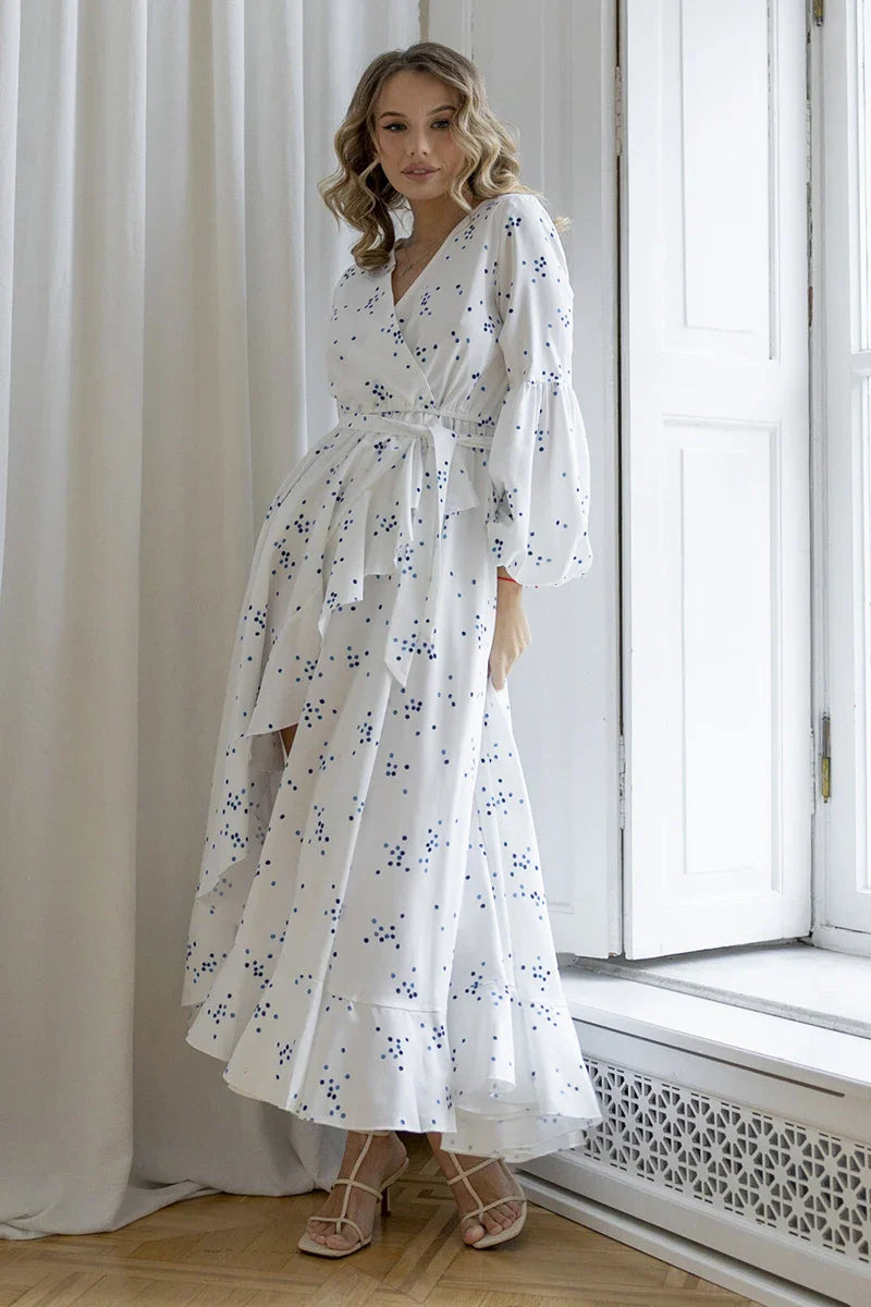 Boho Polka Dot Summer Beach Dress Elegant Lined Long Sleeve White Dresses Women Sexy Slit Bandage Long Dresses-Dollar Bargains Online Shopping Australia