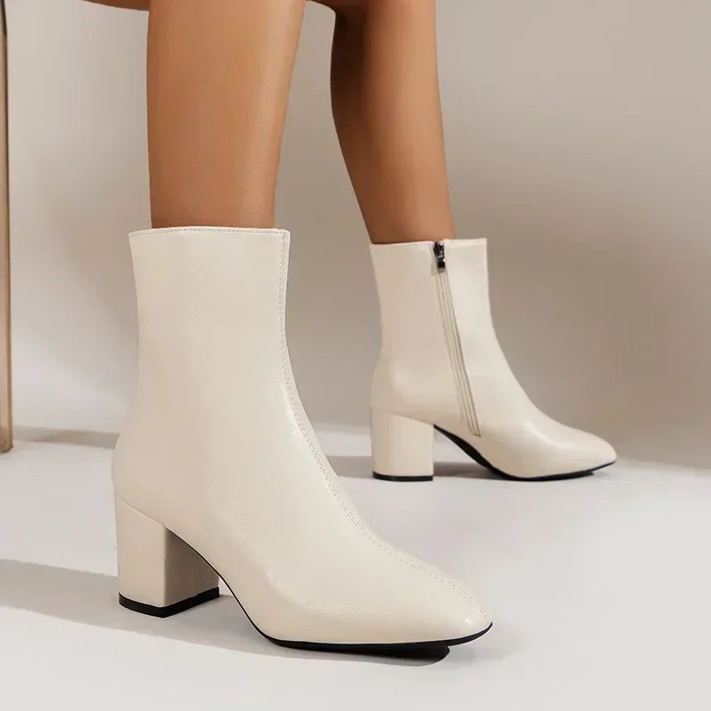 White Ankle Boots for Women Side Zipper Stretch Middle Heel Large Size Short Boot Fashion Pointed Shoes-Dollar Bargains Online Shopping Australia