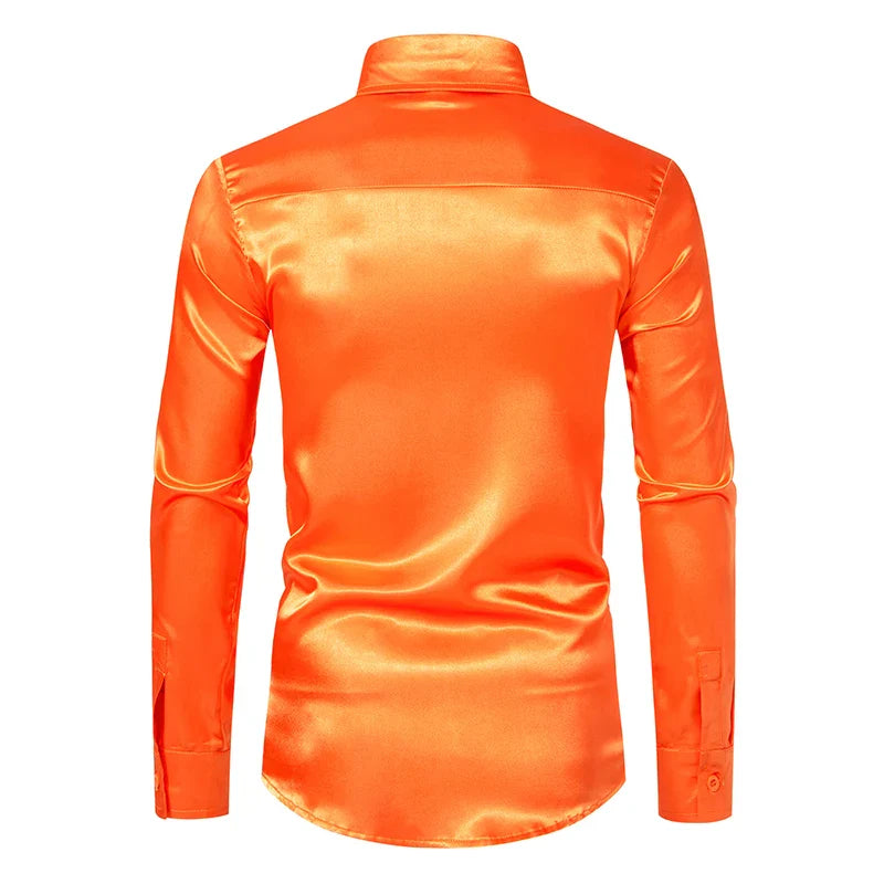 Orange Mens Silk Satin Shirt 70s Disco Dance Nightclub Dress Shirts Men Party Wedding Long Sleeve Casual Shirt-Dollar Bargains Online Shopping Australia