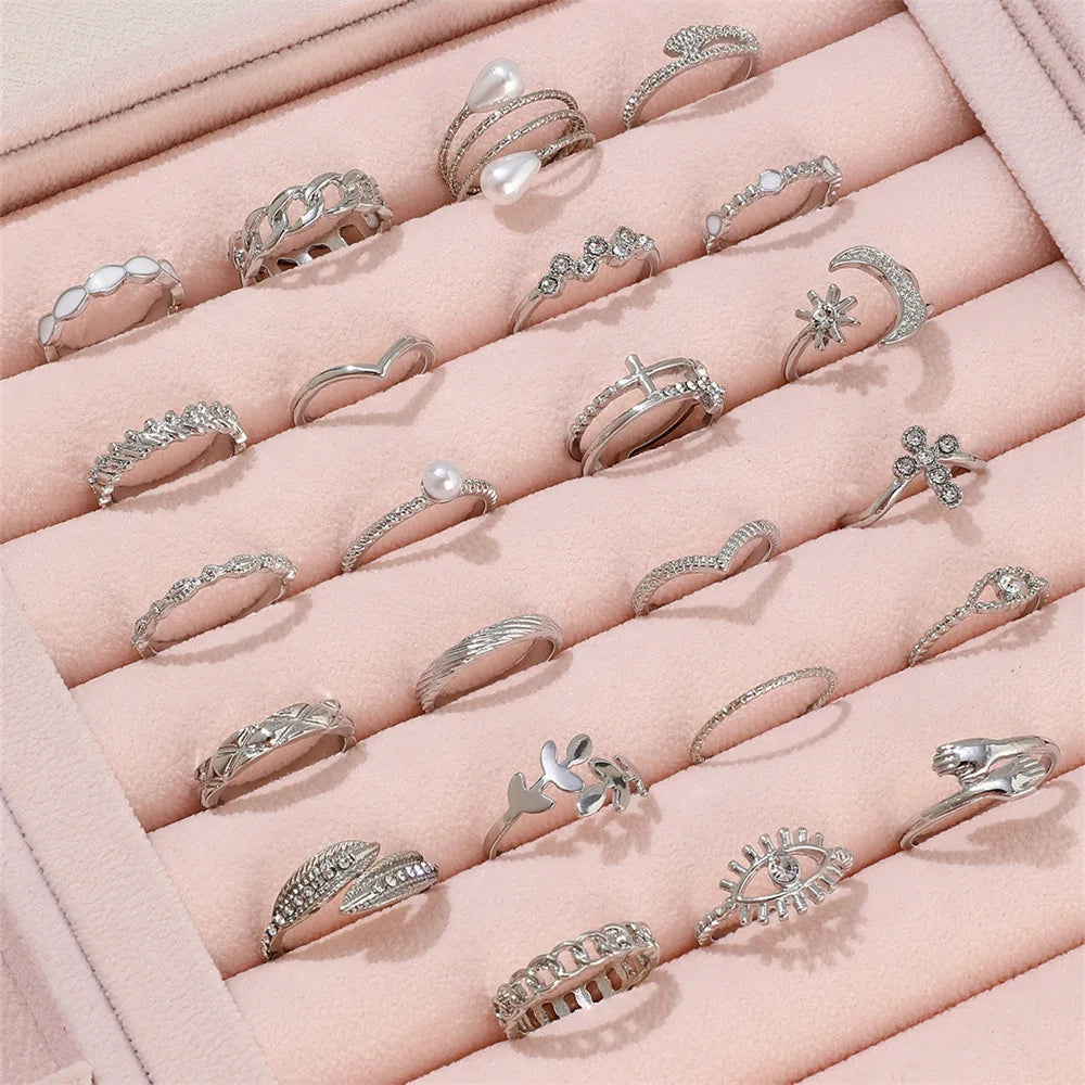 Silver Color Geometric Knuckle Rings Set For Women Eye Cross Sun And Moon Leaf Charm Finger Ring Female Boho Party Jewelry-Dollar Bargains Online Shopping Australia