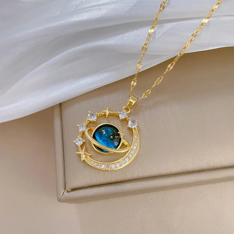 Exquisite Starry Sky Planet Light Luxurious Temperament Gorgeous Necklace Stars and Moon Versatile-Dollar Bargains Online Shopping Australia