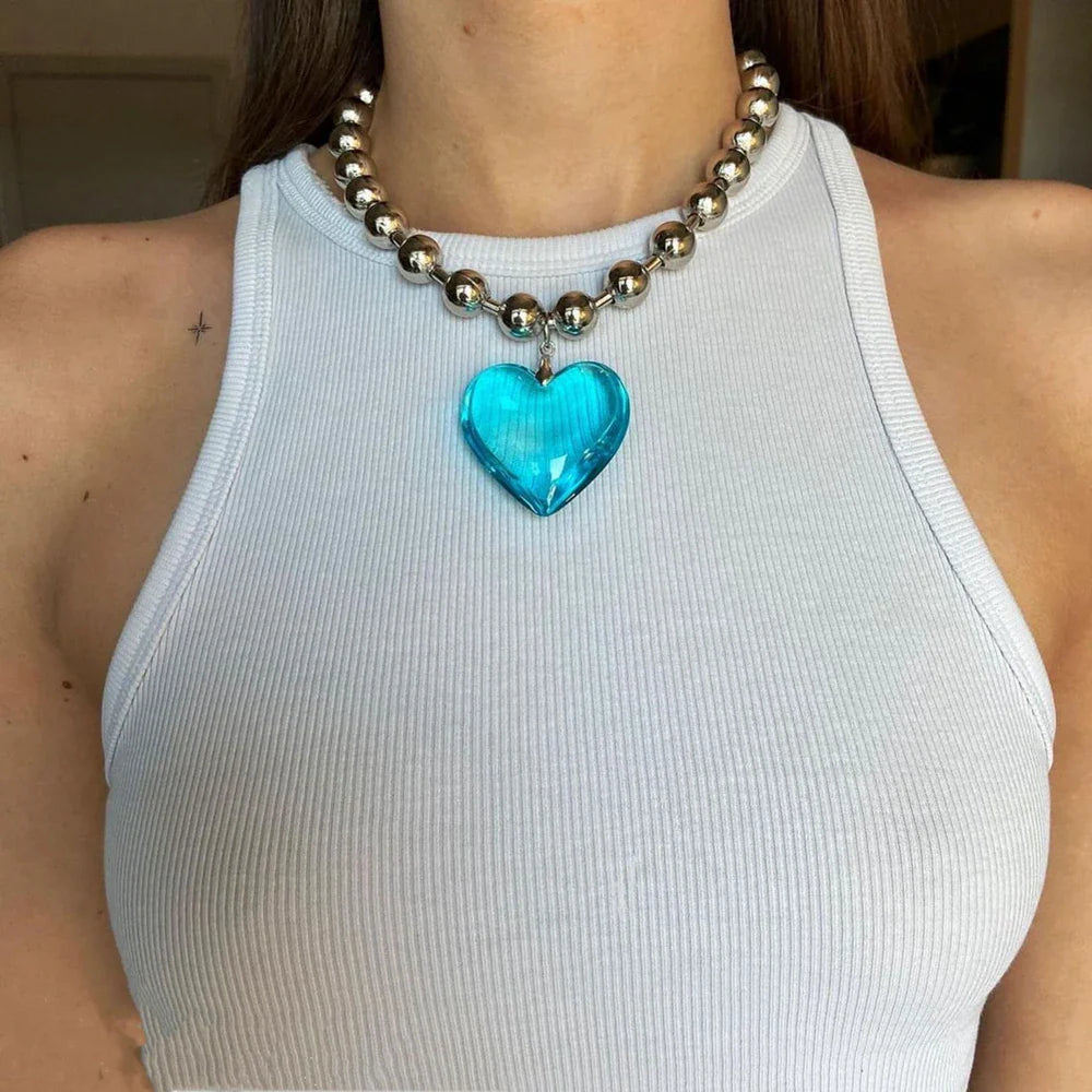 Grunge Fashion Glass Heart Pendant Necklace Y2K Oversize Ball Beads Chain Statement Choker Necklace for Women Club Punk Jewelry-Dollar Bargains Online Shopping Australia