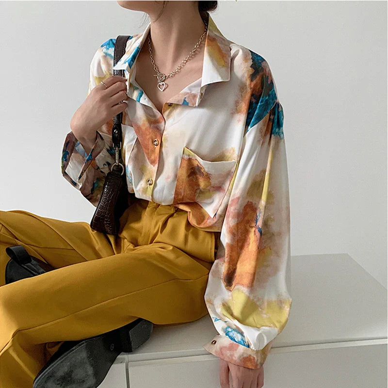 Oversized Shirt Long Sleeve Blouse Women Button Up Oil Painting Loose Top Korean Fashion Clothing-Dollar Bargains Online Shopping Australia