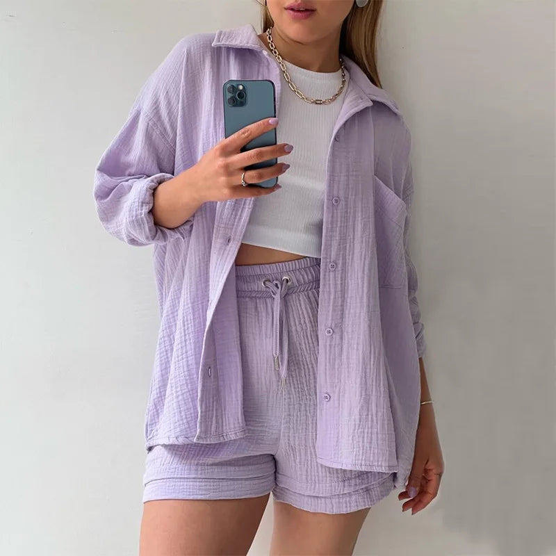 Casual Sleepwear Cotton Pajamas For Women Sets Suit Turn-Down Collar Long Sleeve Sleep Tops Shorts Two Piece Set Female Homewear-Dollar Bargains Online Shopping Australia