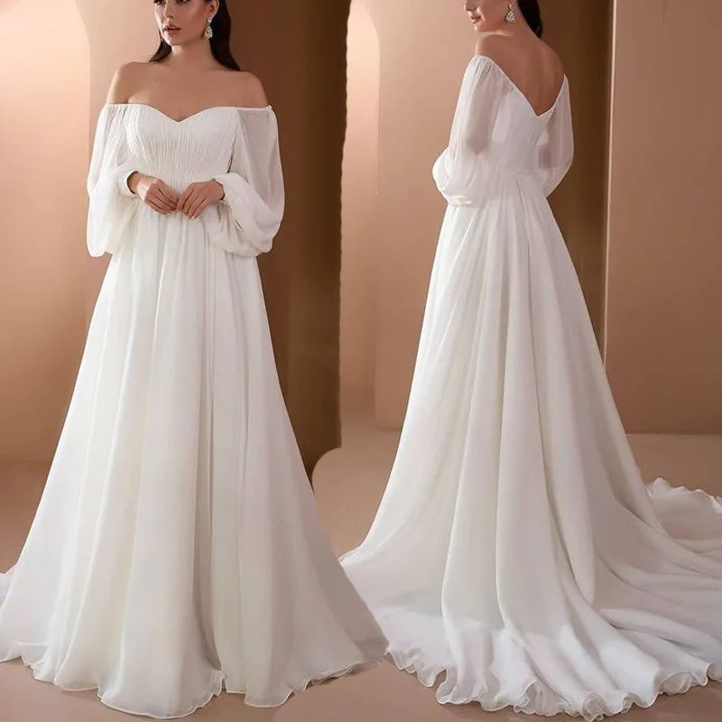 Elegant Long Puff Sleeve White Maxi Dresses Women Evening Party Outfit Strapless Backless Floor-Length Dress