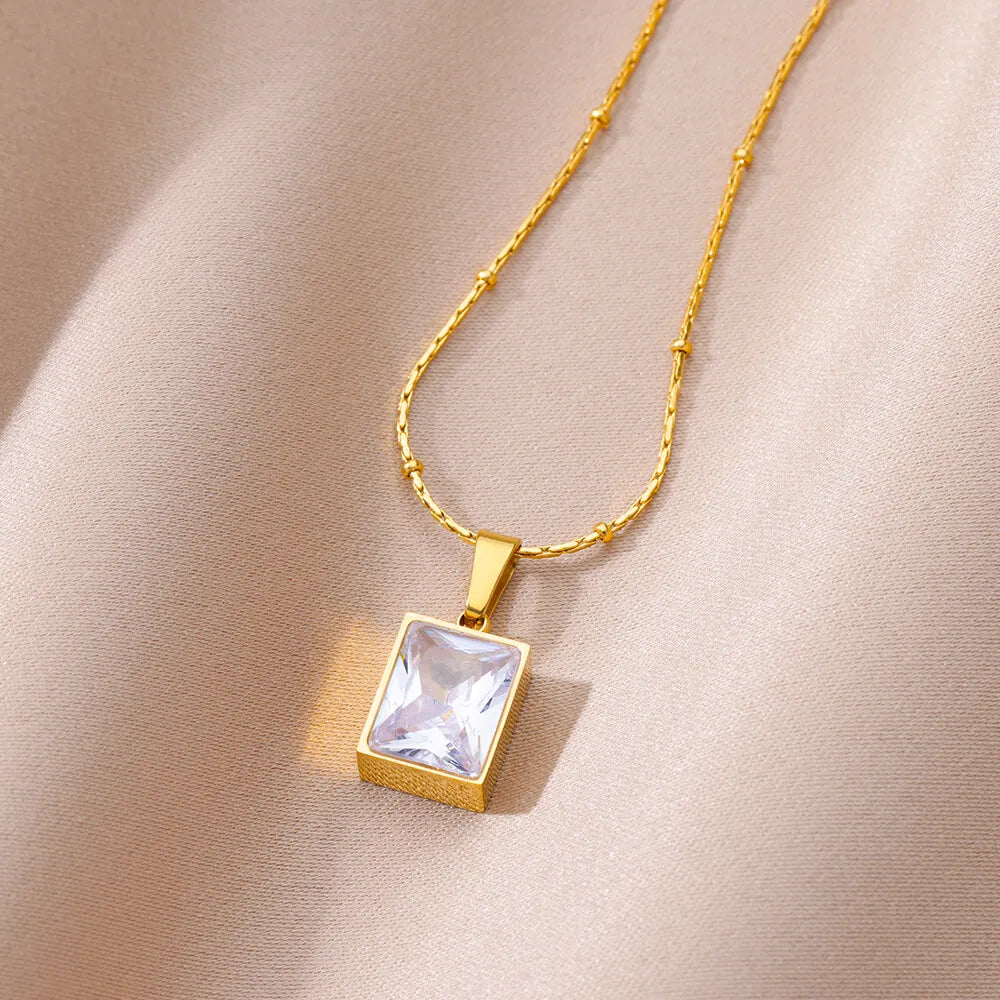 Green Square Zircon Necklace For Women Gold Color Stainless Steel Necklaces Wedding Fashion Jewelry Gift-Dollar Bargains Online Shopping Australia