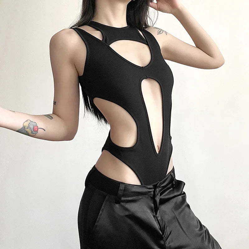 Mall Gothic Hollow Out Sexy Bodysuits Techwear Fashion Y2k Patchwork Tops Women Grunge Backless High Cut Slim Bodysuit-Dollar Bargains Online Shopping Australia