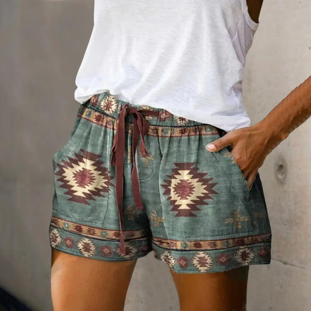 Beach Shorts Summer High Waist Elastic Waistband Short Pants Pockets Women Shorts Retro Print Drawstring Loose Shorts Streetwear-Dollar Bargains Online Shopping Australia