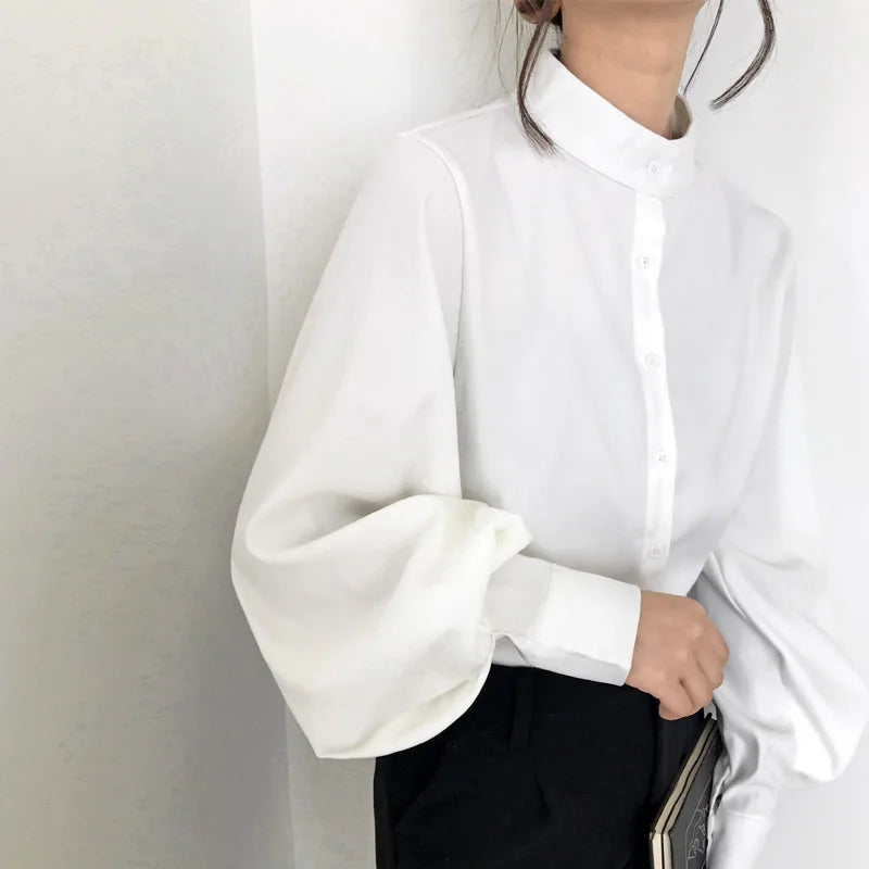 Big Lantern Sleeve Blouse Women Autumn Winter Single Breasted Stand Collar Shirts Office Work Blouse Solid Vintage Blouse Shirts-Dollar Bargains Online Shopping Australia