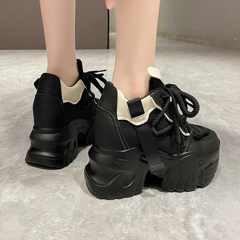 Women Walking Sneakers Autumn Lace-up High Platform Chunky Shoes Breathable Leather Shoes 10CM Winter Wedge Heels Casual Shoes-Dollar Bargains Online Shopping Australia