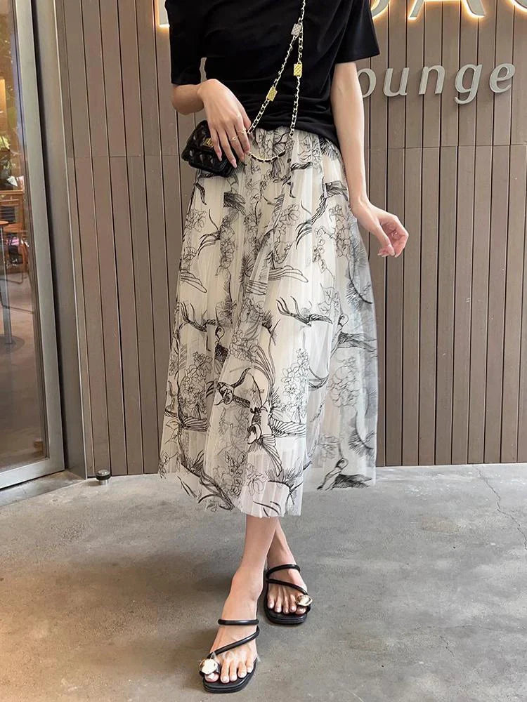 Women Flocking Flower Bird Tulle Gauze Skirt Elegant Sweet Elastic Waist Midi Floral Mesh Skirt-Dollar Bargains Online Shopping Australia