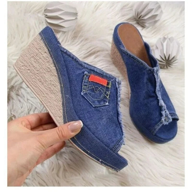 Women Shoes Cowboy Slippers Fashion Retro Wedge Platform Beach Shoes Female Peep High Heels-Dollar Bargains Online Shopping Australia