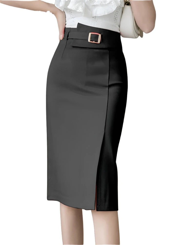 Buttons Women's Wrap Midi Skirts High Waist Workwear Front Split Sheath Pencil Skirts Female