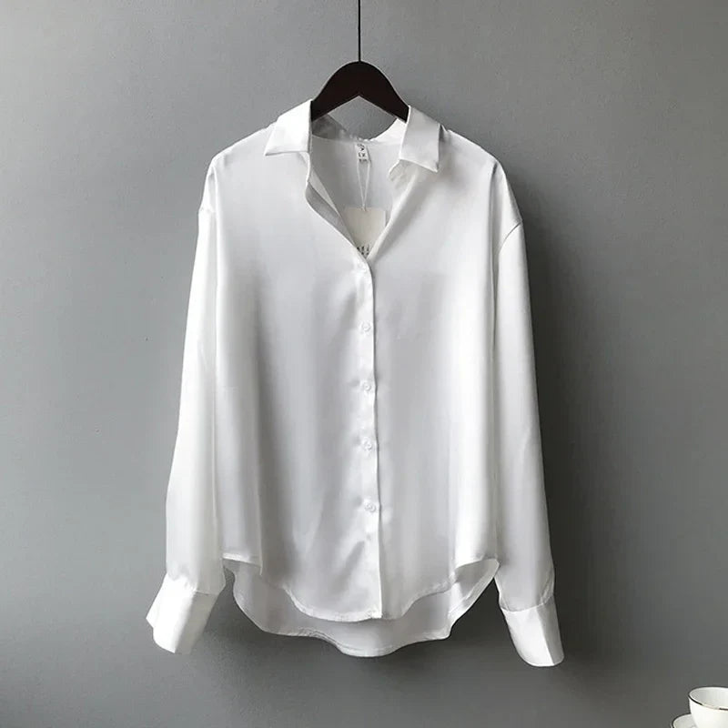 Silk Korean Office Ladies Elegant Shirt Blouse Women Fashion Button Up Satin Shirt Vintage White Long Sleeve Shirts-Dollar Bargains Online Shopping Australia