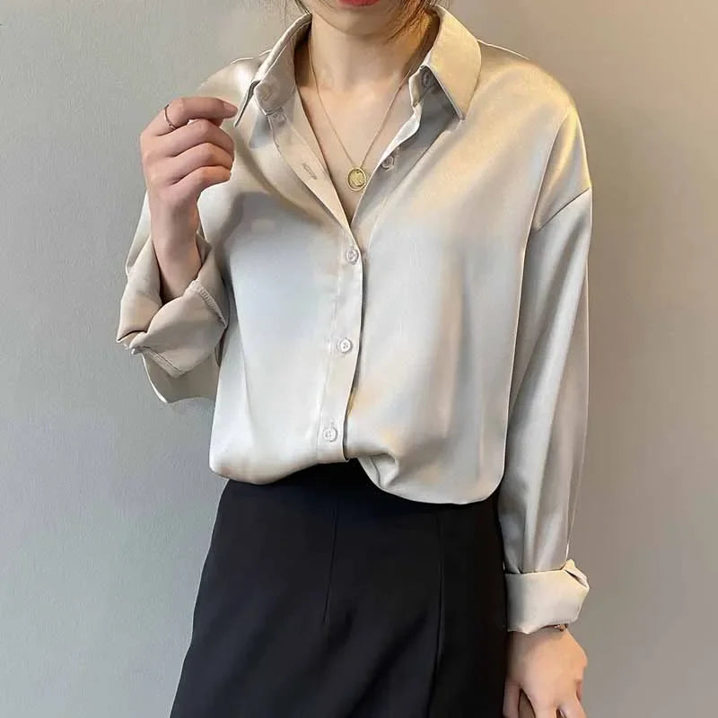 Silk Korean Office Ladies Elegant Shirt Blouse Women Fashion Button Up Satin Shirt Vintage White Long Sleeve Shirts-Dollar Bargains Online Shopping Australia