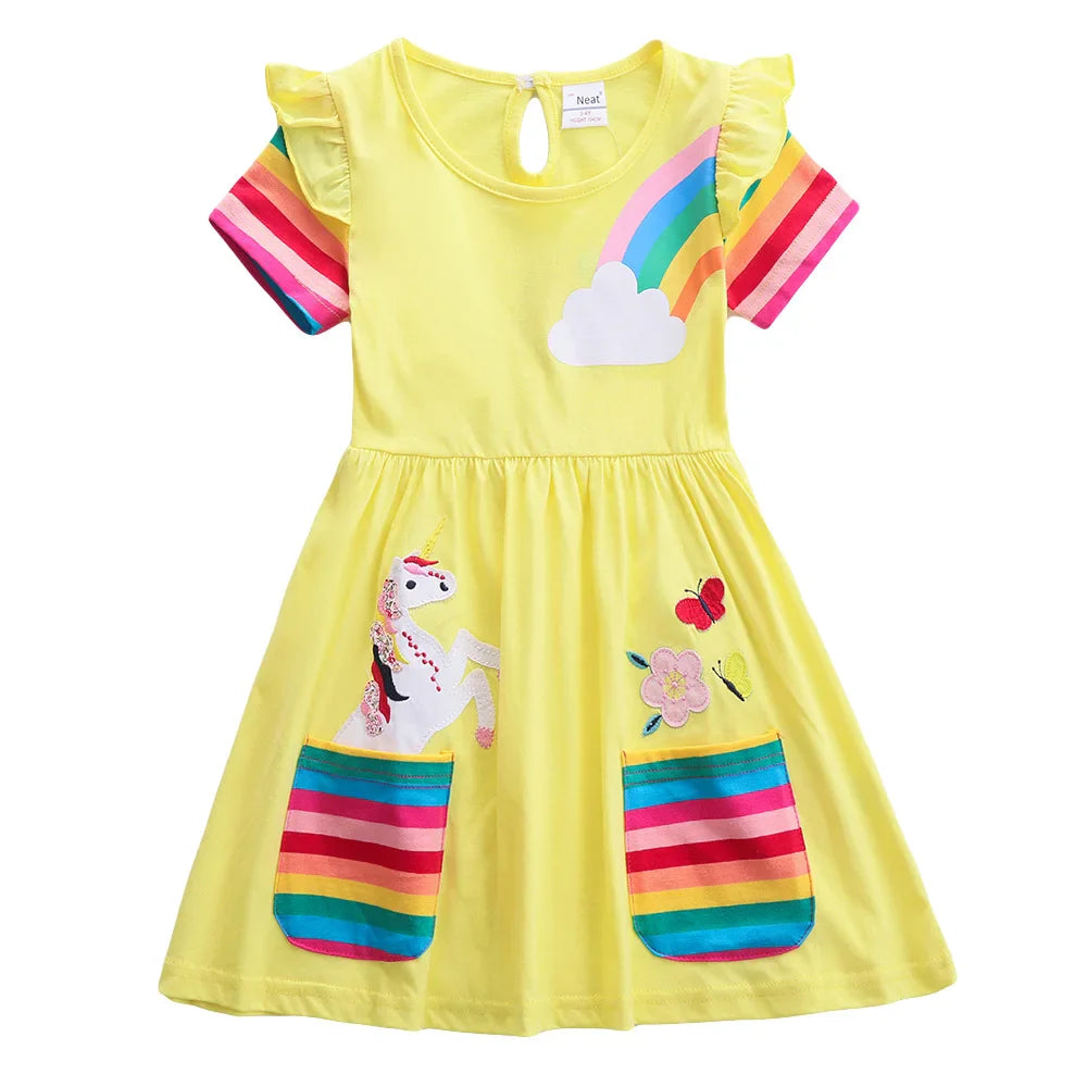 Girls Short Sleeve Unicorn Dress New Summer Embroidered Two Pockets Rainbow Sleeve-Dollar Bargains Online Shopping Australia