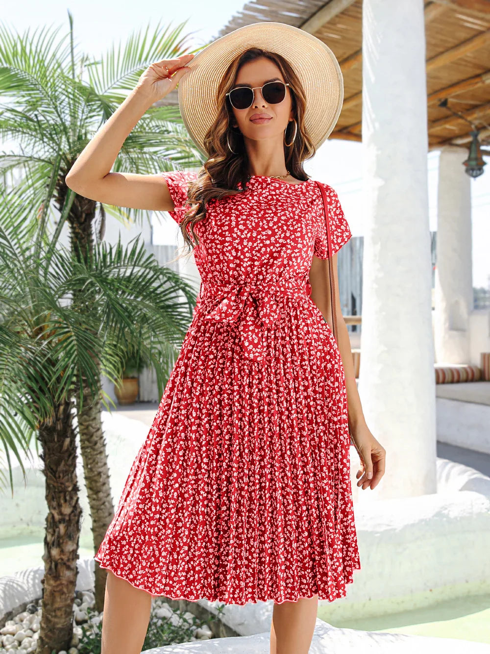 Fashion Floral Pleated A Line Long Dress Women Spring Summer Short Sleeve High Waist Chic Dress-Dollar Bargains Online Shopping Australia