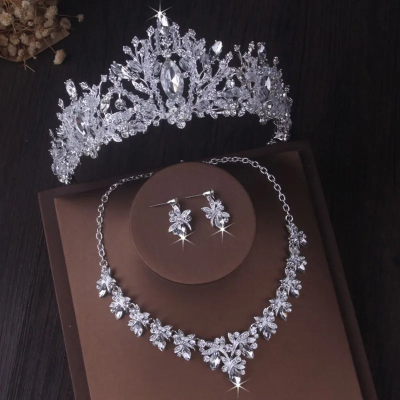 Silver Color Crystal Bridal Jewelry Sets Fashion Tiaras Crown Earrings Choker Necklace Women Wedding Dress Jewelry Set-Dollar Bargains Online Shopping Australia