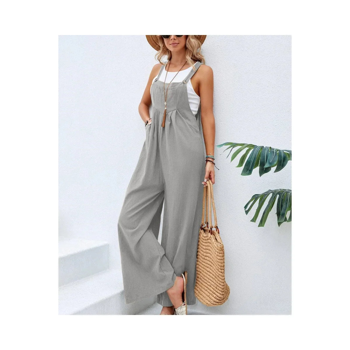 Retro Casual Cotton Suspender Long Pant Pockets Button Wide Leg Strap Jumpsuit Loose Rompers Overalls-Dollar Bargains Online Shopping Australia