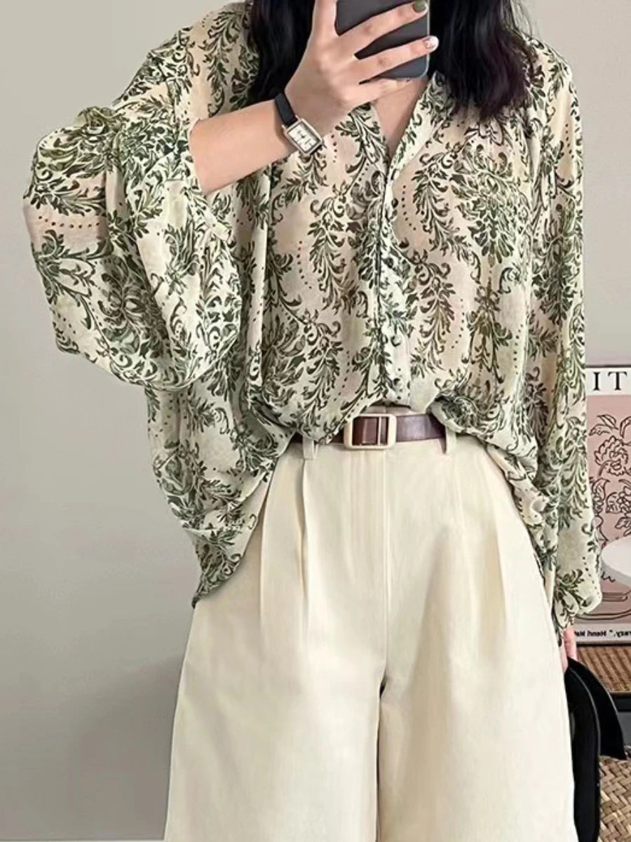 Chiffon Shirt for Women Loose Fit T-shirt Retro Floral Long Sleeve V-neck Blouse Casual Elegant Top Thin Female Clothing Summer