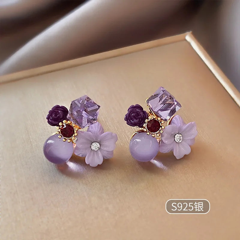 Purple Crystal Flower Earrings for Women with Gentle Temperament Wedding Party Anniversary Gift Jewelry-Dollar Bargains Online Shopping Australia