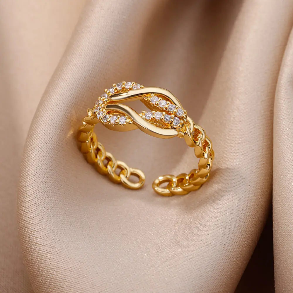 Gold Color Stainless Steel Rings For Women Chain Hollow Out Crystal Zircon Finger Ring-Dollar Bargains Online Shopping Australia