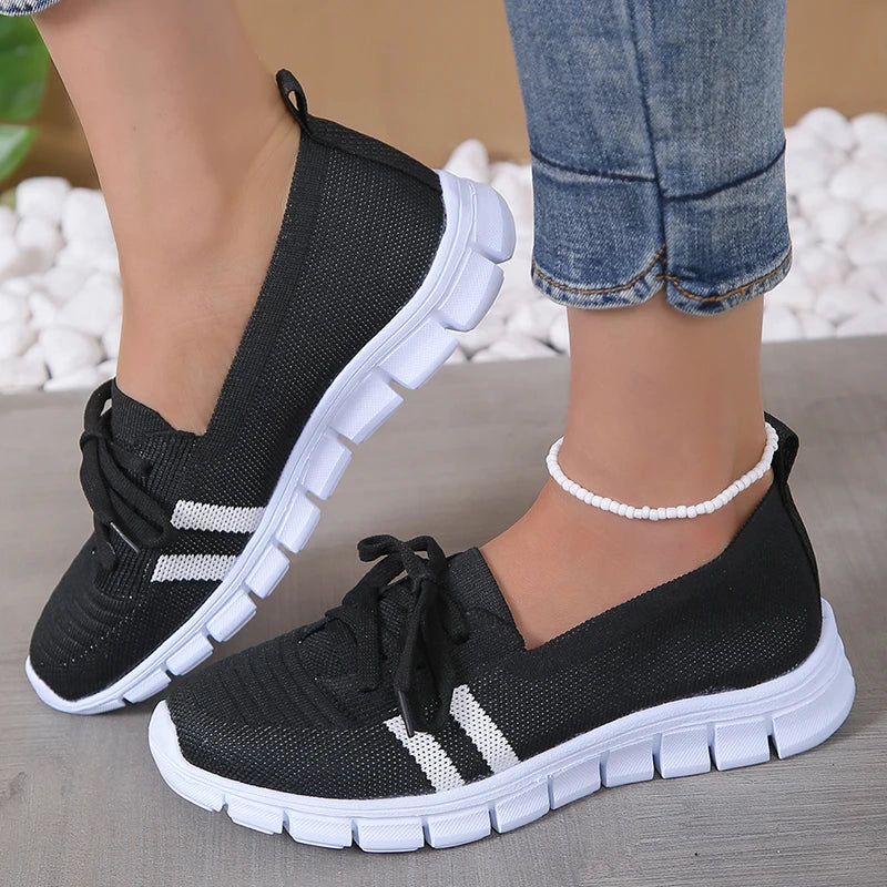 Mesh Knitted Striped Flats Shoes Women Lace Up Casual Sneakers Woman Breathable Soft Sole Loafers-Dollar Bargains Online Shopping Australia