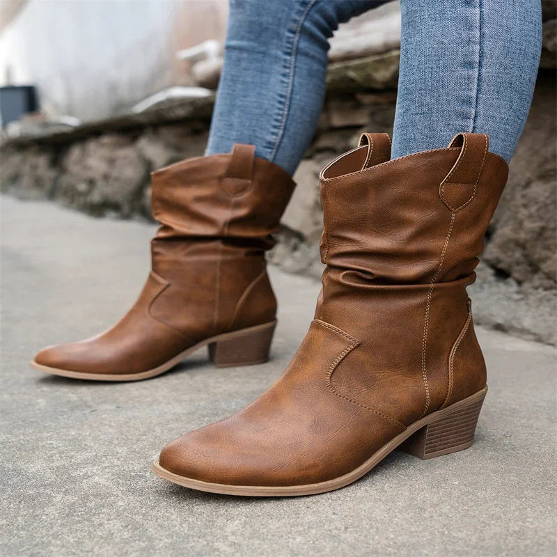 Female Western Boots Cowboy Boots Women Plested Women Ankle Boots Pu Leather Shoes Autumn Boots Women Booties Lady