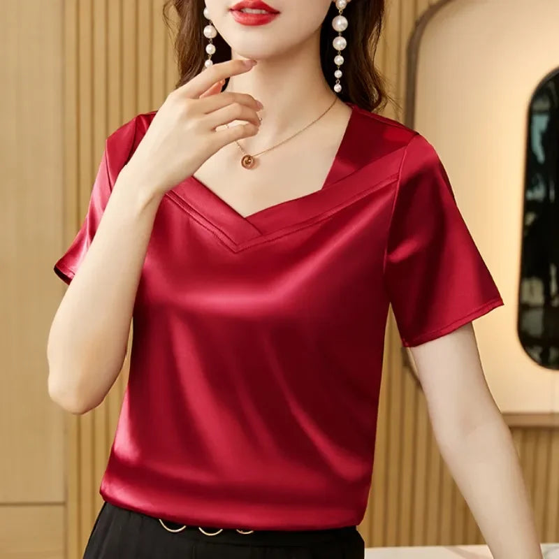 Satin Blouse Women Tops Fashion V-Neck Short Sleeve Blouses Suit Bottom Shirt Silk Vintage-Dollar Bargains Online Shopping Australia