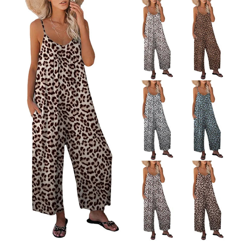 Women's Pants Cross Border Leopard Pattern Pocket Loose Casual Strap Jumpsuit-Dollar Bargains Online Shopping Australia