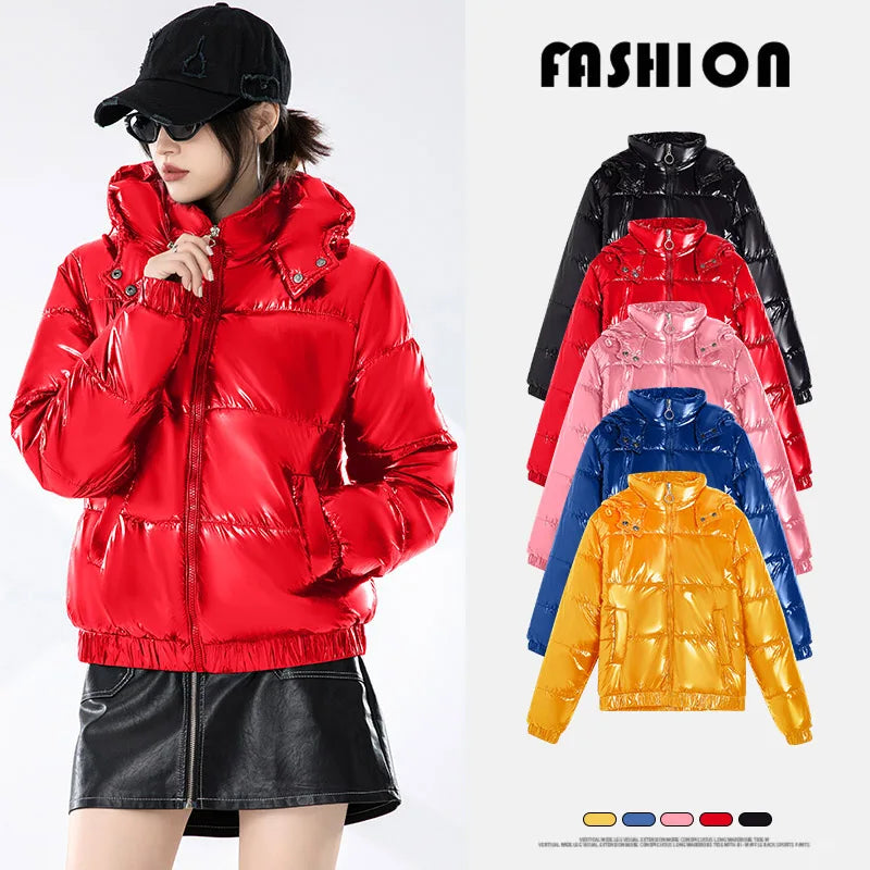 Women's Thickened Bread Jacket Short Loose Fitting Versatile Bright Casual Down Cotton Hooded Coat